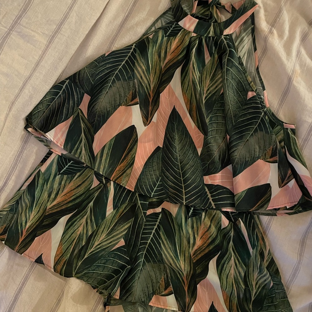 Tropical Leaf Print Halter Romper - Pink & Green